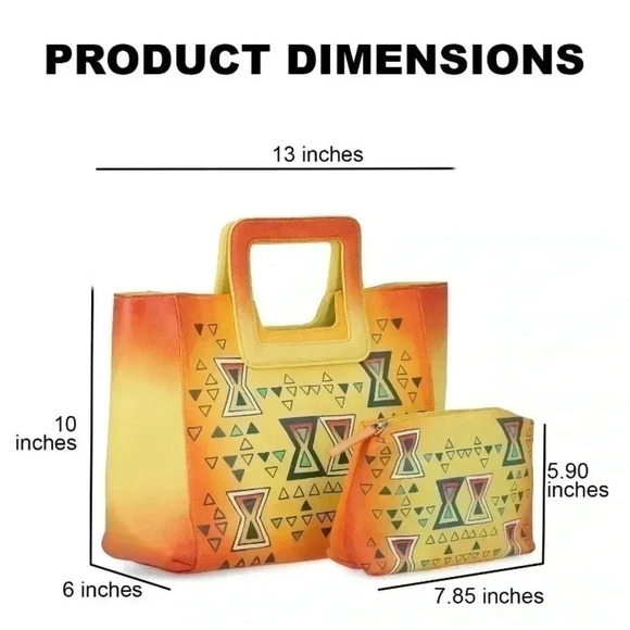 SUKRITI Set of 3, Orange & Yellow Geometric Hand Painted Leather Tote Bag - Picture 6 of 8